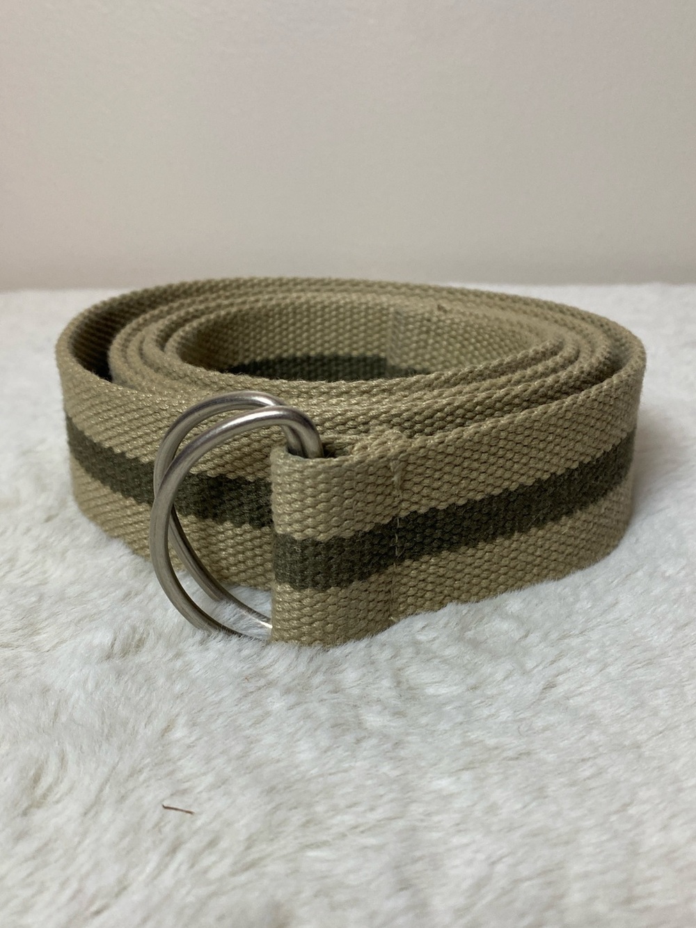 Men's Canvas D-Ring Belt in Khaki with Olive Stripe